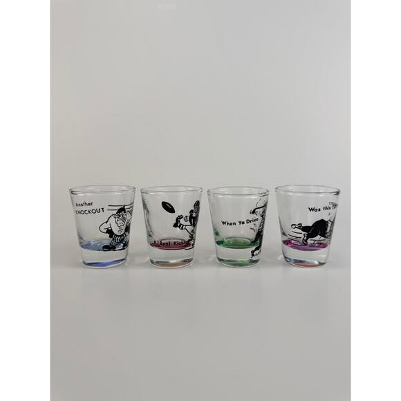 Vintage 1950s Mid Century Modern Barware Kitsch Sports Humor Shot Glass Set of 4 - Picture 2 of 7